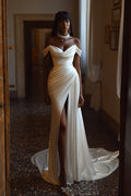 Cream Off Shoulder Pleated Split Long Wedding Dress