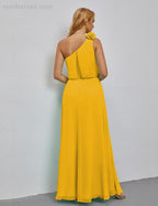 Ruffled One Shoulder Sleeveless Long Bridesmaid Dresses A-line Formal Evening Gown Side Split 28080
