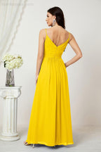 Chiffon V-Neck Bridesmaid Dress Spaghetti Strap Long Formal Party Prom Gowns with Slit 28010