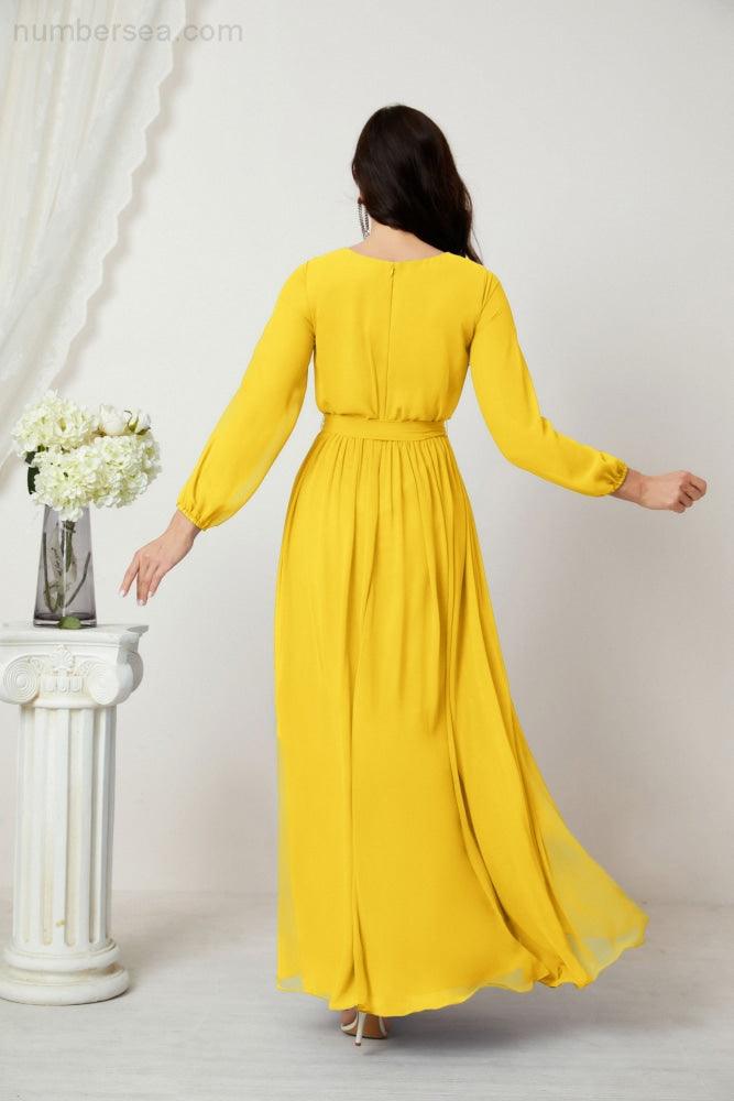 Evening Dresses Deep V-Neck Chiffon Bridesmaid Dresses Long Bishop Sleeve Side Split Formal Dress 2806
