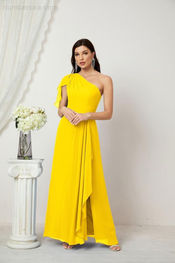Chiffon Ruffled One Shoulder Long Bridesmaid Dresses A-line Formal Evening Gown Side Split 2809