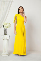 Chiffon Ruffled One Shoulder Long Bridesmaid Dresses A-line Formal Evening Gown Side Split 2809