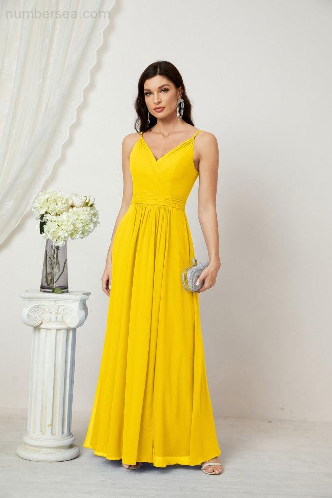 Chiffon V-Neck Bridesmaid Dress Spaghetti Strap Long Formal Party Prom Gowns with Slit 28010