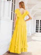 Ruffled Bridesmaid Dresses with Sleeves Long Formal Party Dress 28041