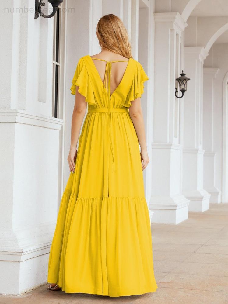 Abiti da sera formali da donna Numbersea con schiena scoperta, scollo a V, lunghi in chiffon, abiti da damigella con cintura in vita 28038