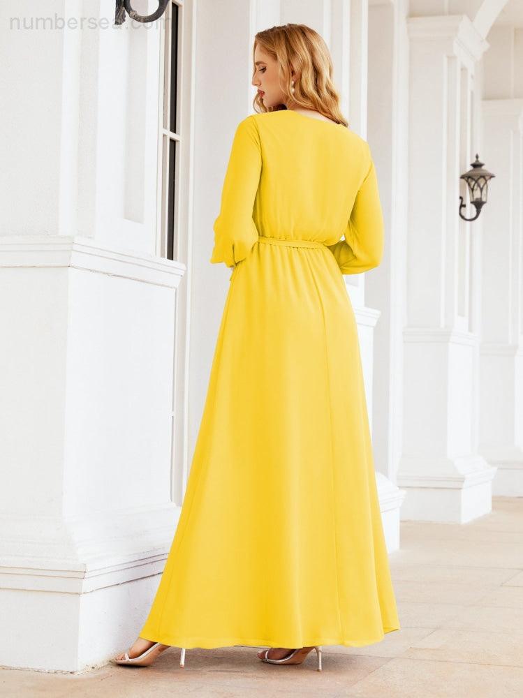 Vestito da damigella d'onore in chiffon da donna Numbersea, linea a trapezio, maniche lunghe, abito lungo formale da sera per ospite di matrimonio 28032