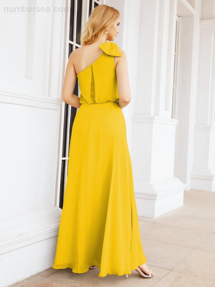 Chiffon Ruffled One Shoulder Sleeveless Long Bride Dresses A-line Formal Evening Gown Side Split 28057