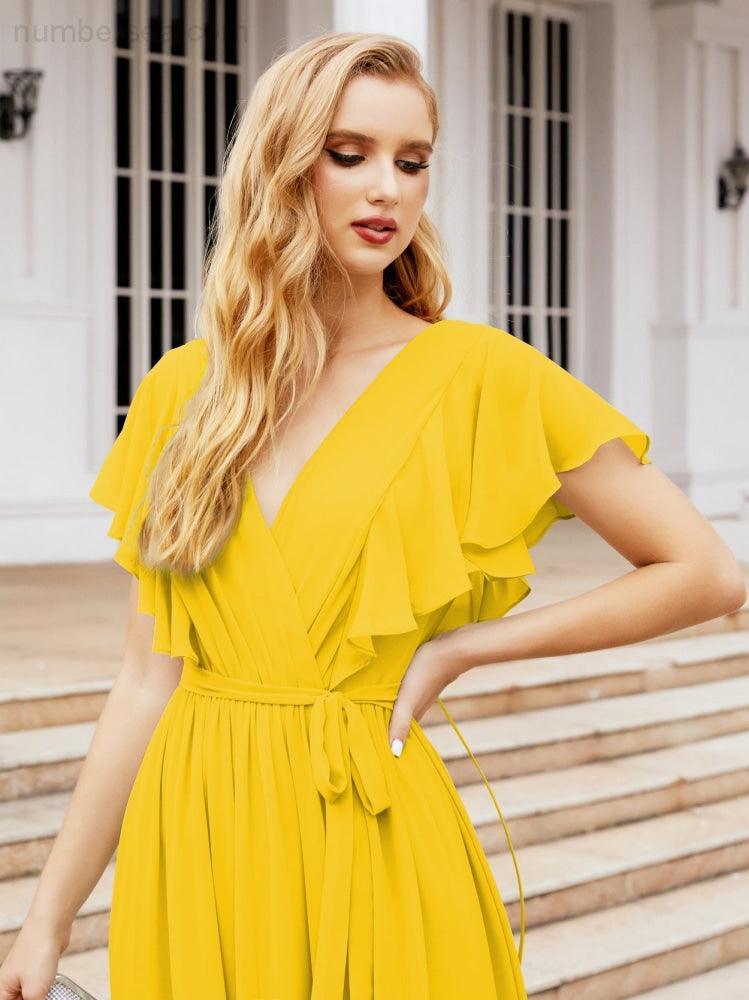 Abiti da sera formali da donna Numbersea con schiena scoperta, scollo a V, lunghi in chiffon, abiti da damigella con cintura in vita 28038