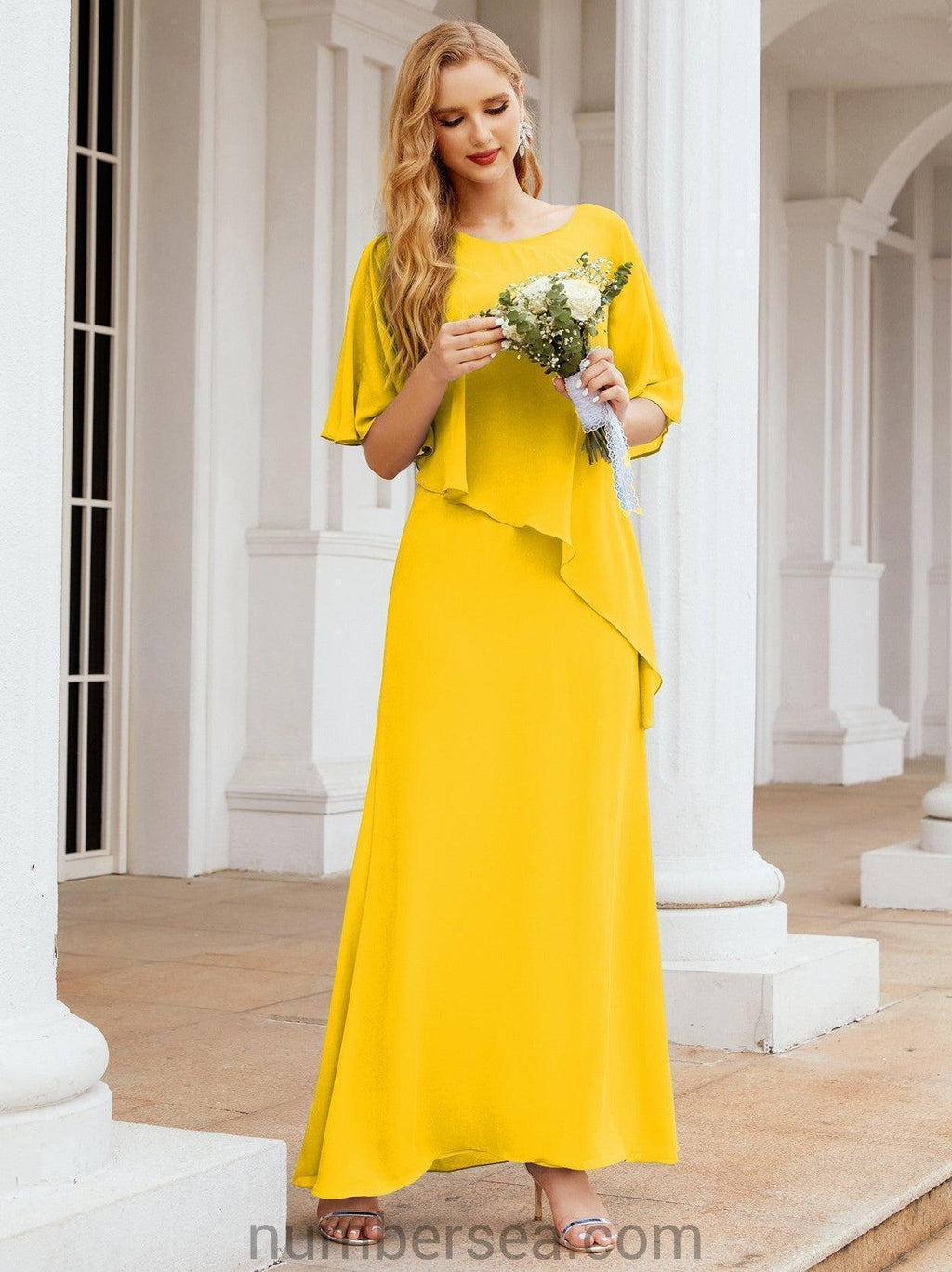 Numbersea Festliches Abendkleid Lang Mutter der Braut Kleid mit Rüschencape 28026