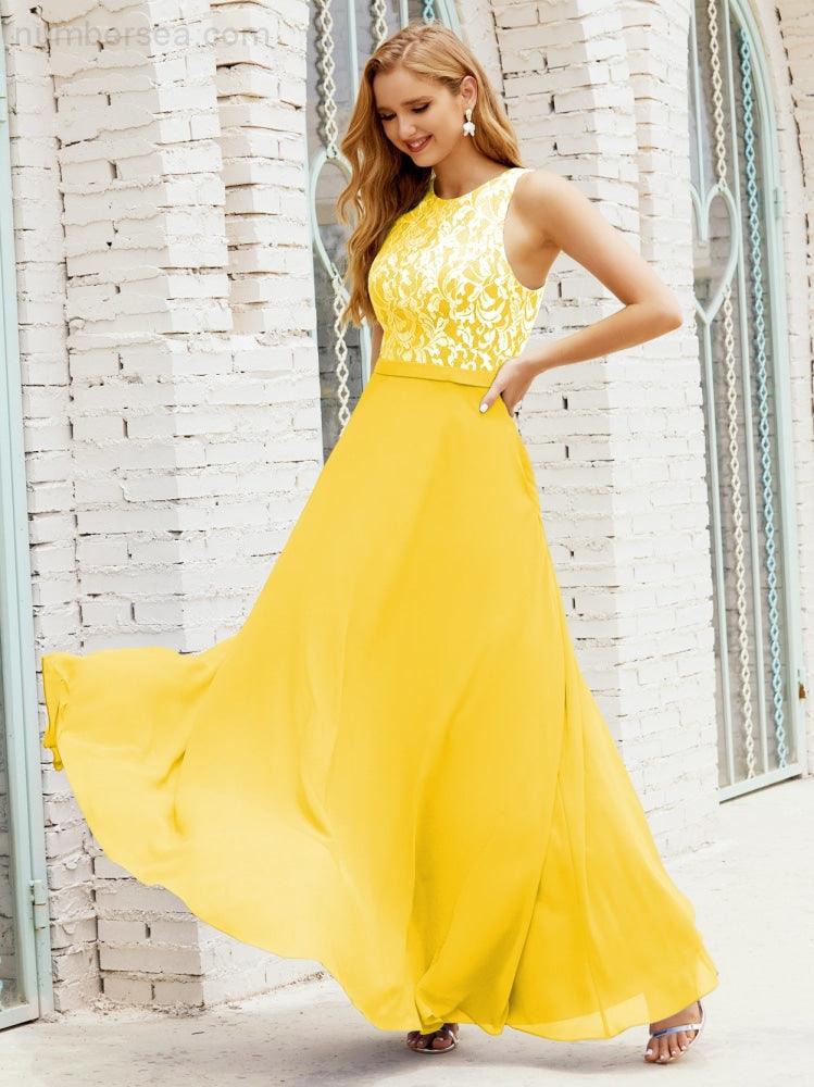 Vestido de Dama de Honra em Renda Comprimento ao Chão Vestidos de Noite com Bolsos 28017