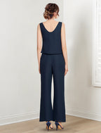 Mother Of The Bride Chiffon Pantsuit With Jacket Scoop Neck