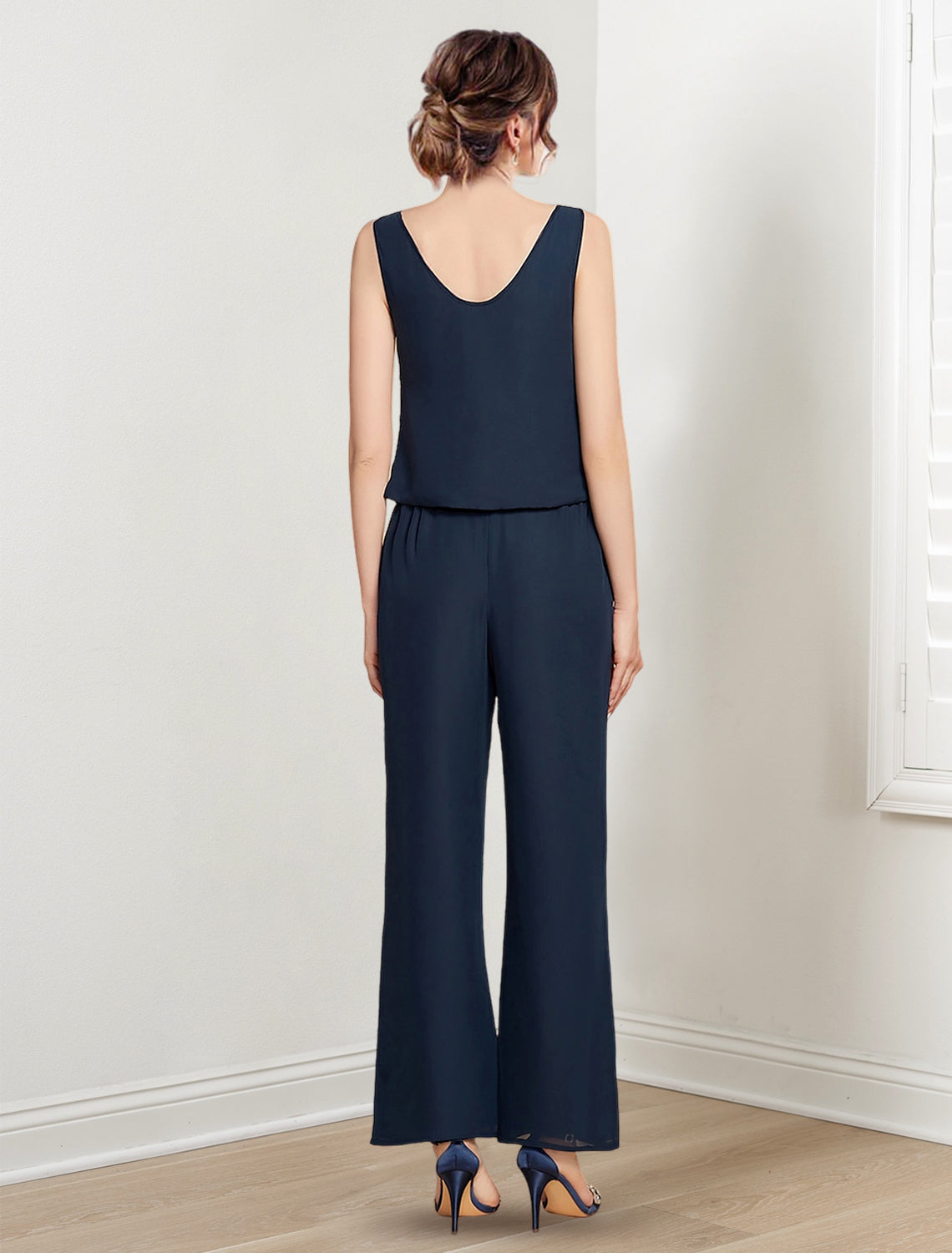 Mother Of The Bride Chiffon Pantsuit With Jacket Scoop Neck