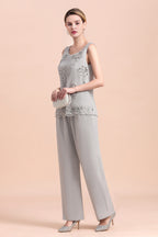 BMbridal Elegant Sleeveless Appliques Silver Chiffon Mother of Bride Jumpsuit with Wrap