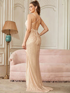 Vestidos de noche largos con lentejuelas brillantes color champán estilo sirena para mujer 2025, sexys, con tirantes finos, espalda descubierta y abertura larga para fiesta de gala o baile de graduación