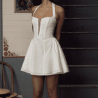 Vestido Mini Halter Branco TARUXY Para Mulheres Cintura Alta Abertura de Laços em Renda Bordada Sem Mangas Prega Sexy Costas Nuas Vestido de Noite