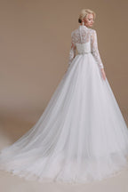 Luxury Long Sleeves A Line High Neck Wedding Dress With Tulle Lace