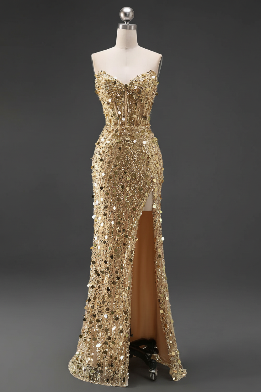 Sparkly Gold Fully Beaded Prom Dress with Deep V Neck Slit and Open Back