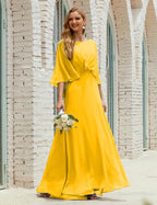 Bridesmaid Dress Women Long Sleeve V-Neck Chiffon Formal Wedding Party Dress 28018