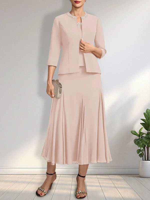 Getrenntes A-Linien Kleid mit U-Boot-Ausschnitt in Tee-Länge aus Chiffon für die Brautmutter mit Paillettenstickerei