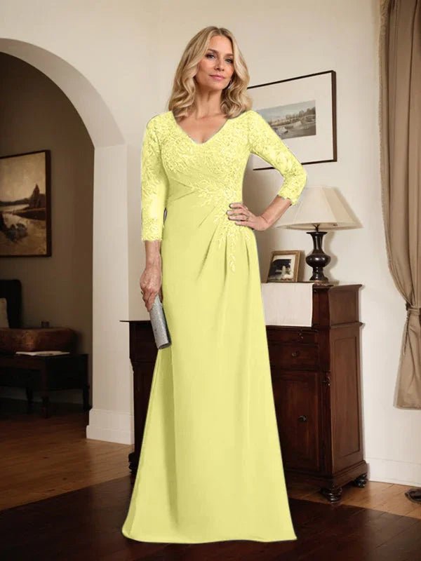 Vestido de madrina de novia con escote en V ilusión, corte columna, largo hasta el suelo, de encaje y gasa con lentejuelas plisadas