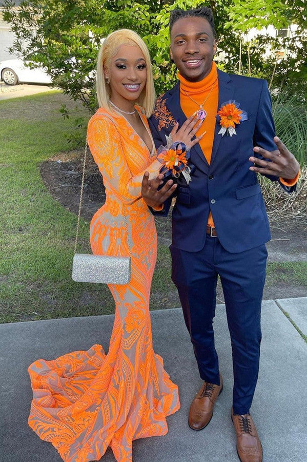 Vestido de Baile Laranja Comprido com Decote em V, Renda e Cauda de Sereia, com Mangas