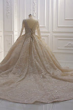 Beautiful Long Sleeve V Neck Ball Gown Wedding Dress With Sequins Beads Ruffles