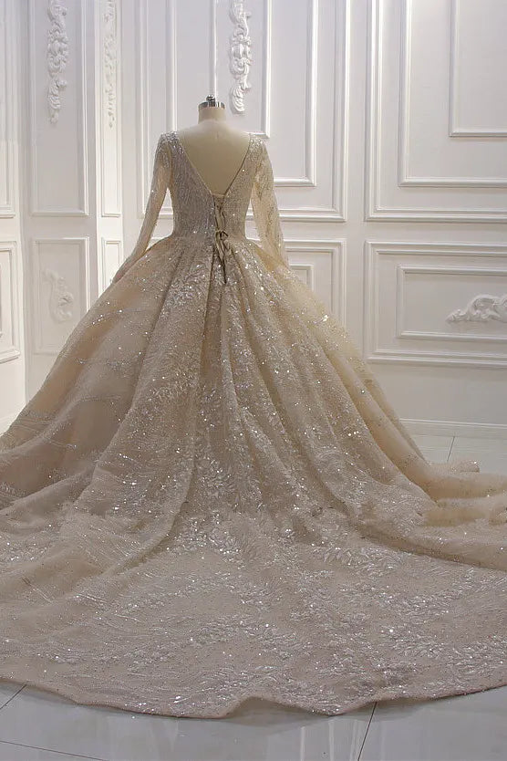 Beautiful Long Sleeve V Neck Ball Gown Wedding Dress With Sequins Beads Ruffles