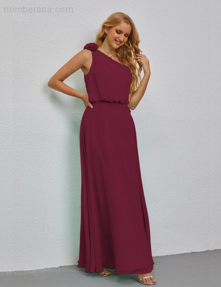 Ruffled One Shoulder Sleeveless Long Bridesmaid Dresses A-line Formal Evening Gown Side Split 28080