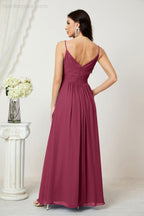 Chiffon V-Neck Bridesmaid Dress Spaghetti Strap Long Formal Party Prom Gowns with Slit 28010
