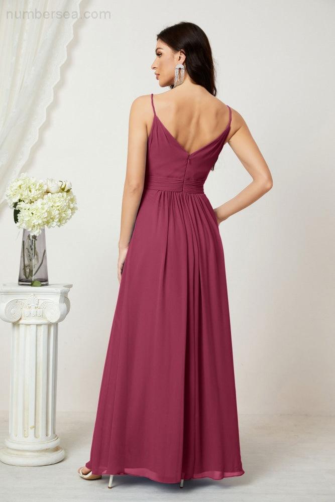 Chiffon V-Neck Bridesmaid Dress Spaghetti Strap Long Formal Party Prom Gowns with Slit 28010