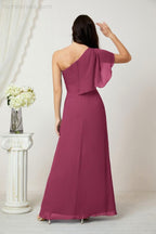 Chiffon Ruffled One Shoulder Long Bridesmaid Dresses A-line Formal Evening Gown Side Split 2809