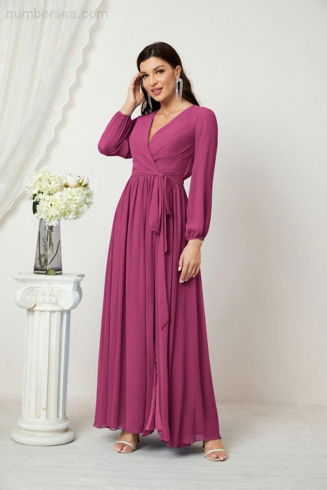Evening Dresses Deep V-Neck Chiffon Bridesmaid Dresses Long Bishop Sleeve Side Split Formal Dress 2806
