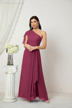 Chiffon Ruffled One Shoulder Long Bridesmaid Dresses A-line Formal Evening Gown Side Split 2809