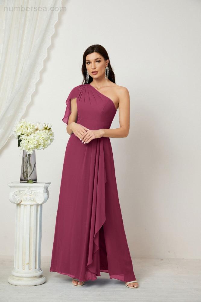 Chiffon Ruffled One Shoulder Long Bridesmaid Dresses A-line Formal Evening Gown Side Split 2809