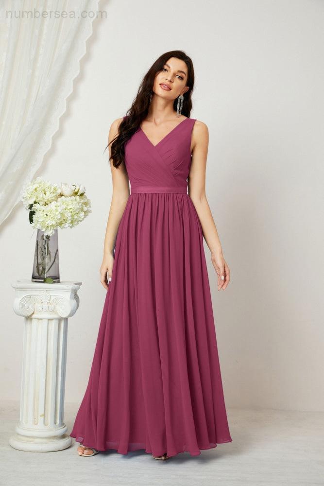 Abiti lunghi da damigella in chiffon da donna, linea a, senza maniche, abito formale da ballo per serata, abiti per festa di ritorno a casa 2808