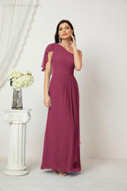 Chiffon Ruffled One Shoulder Long Bridesmaid Dresses A-line Formal Evening Gown Side Split 2809