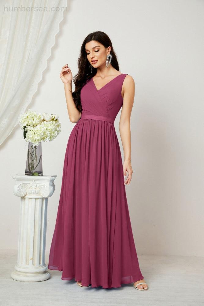 Abiti lunghi da damigella in chiffon da donna, linea a, senza maniche, abito formale da ballo per serata, abiti per festa di ritorno a casa 2808
