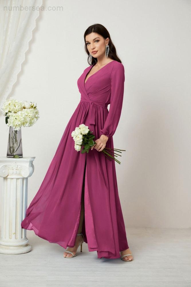 Evening Dresses Deep V-Neck Chiffon Bridesmaid Dresses Long Bishop Sleeve Side Split Formal Dress 2806