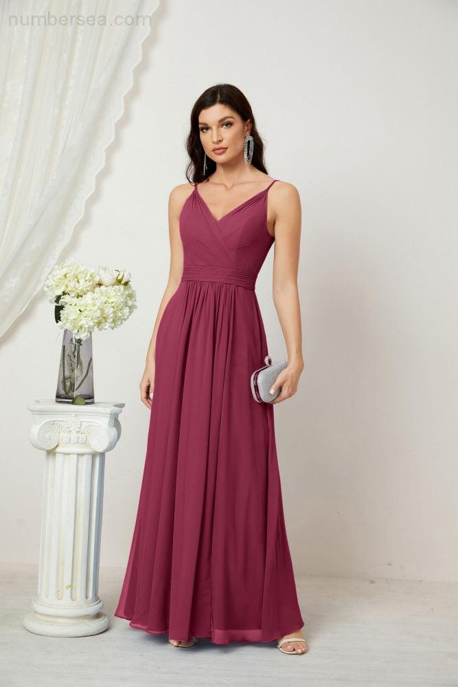 Chiffon V-Neck Bridesmaid Dress Spaghetti Strap Long Formal Party Prom Gowns with Slit 28010