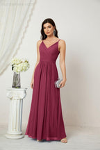 Chiffon V-Neck Bridesmaid Dress Spaghetti Strap Long Formal Party Prom Gowns with Slit 28010