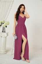 Neck Bridesmaid Dresses Chiffon Long Spaghetti A-line Formal Prom Gown for Wedding Party Evening 2801