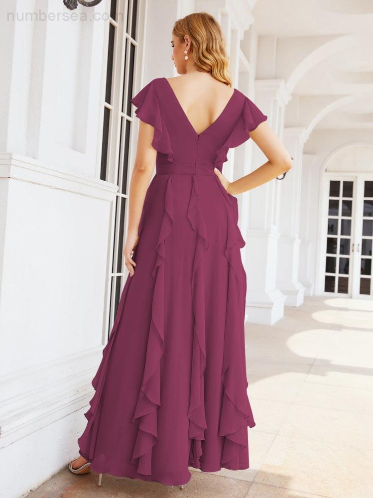 Ruffled Bridesmaid Dresses with Sleeves Long Formal Party Dress 28041