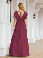 Abiti da sera formali da donna Numbersea con schiena scoperta, scollo a V, lunghi in chiffon, abiti da damigella con cintura in vita 28038