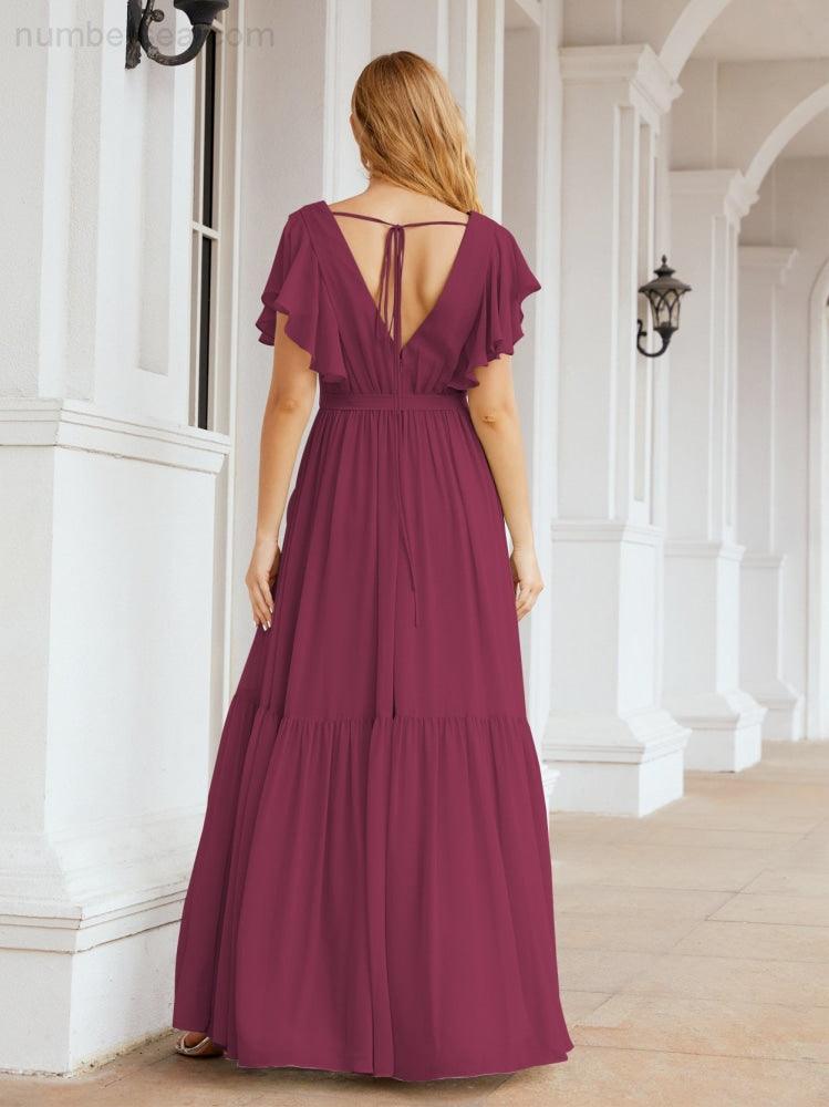Abiti da sera formali da donna Numbersea con schiena scoperta, scollo a V, lunghi in chiffon, abiti da damigella con cintura in vita 28038
