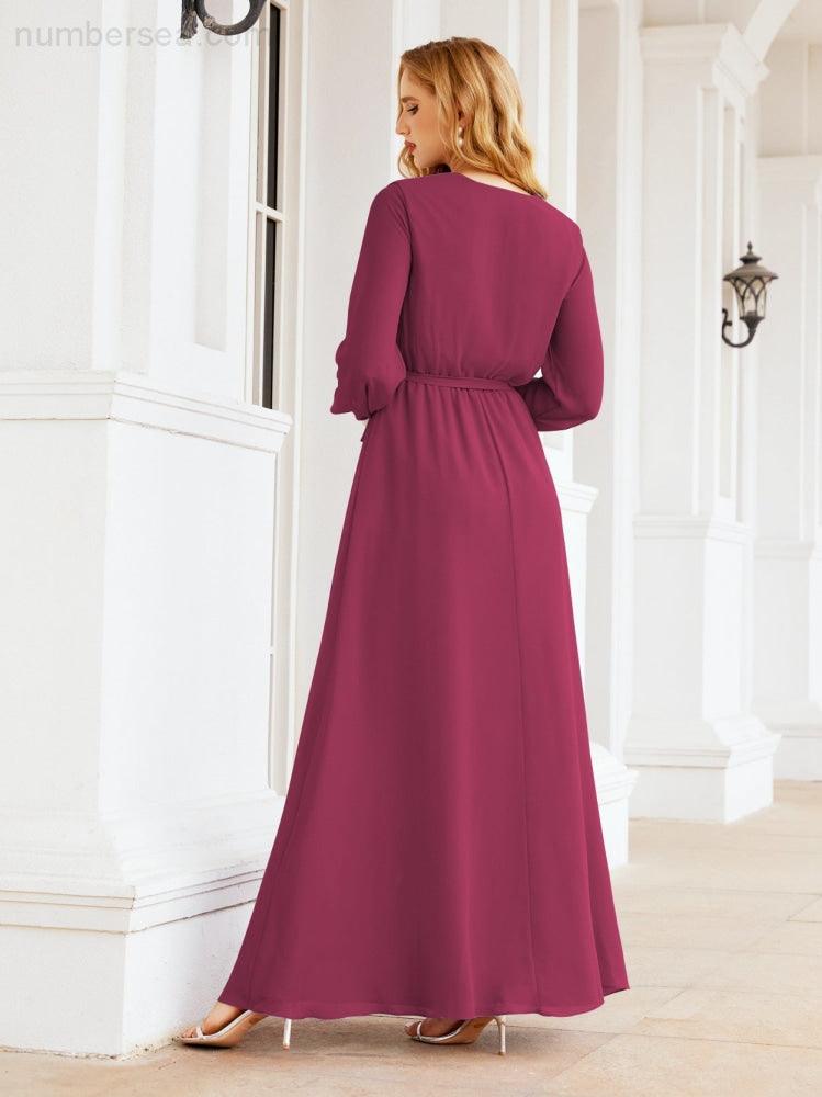 Vestito da damigella d'onore in chiffon da donna Numbersea, linea a trapezio, maniche lunghe, abito lungo formale da sera per ospite di matrimonio 28032
