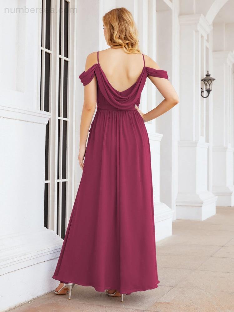 Numbersea Abito da Damigella in Chiffon con Spalle Scoperte, Abito Lungo Formale per Laurea con Schiena a Mantella 28069