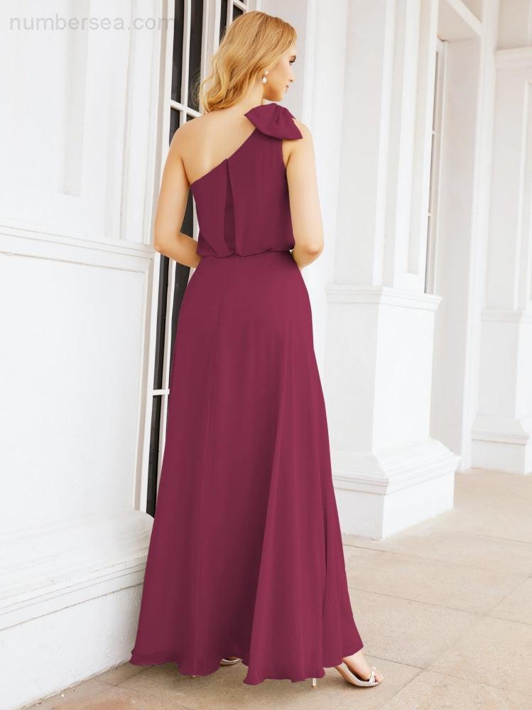 Chiffon Ruffled One Shoulder Sleeveless Long Bride Dresses A-line Formal Evening Gown Side Split 28057