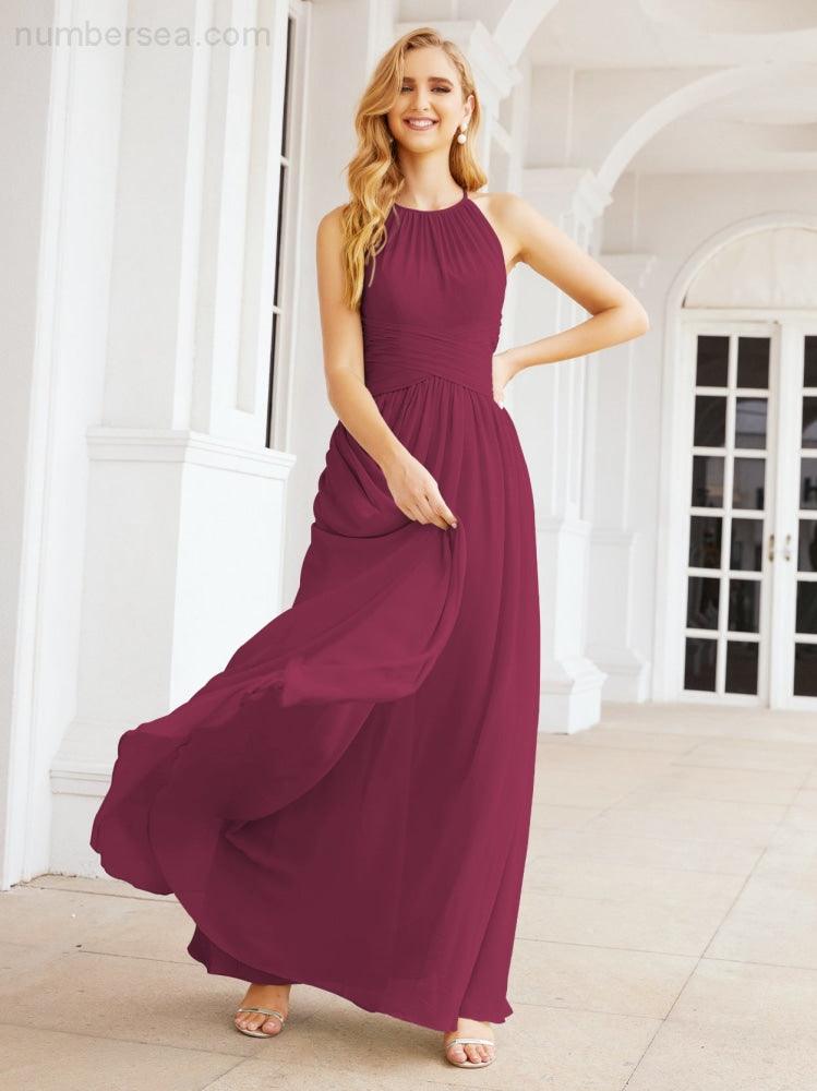 Sleeveless Bridesmaid Dresses Long Prom Gown Zipper with Keyhole Back 28056