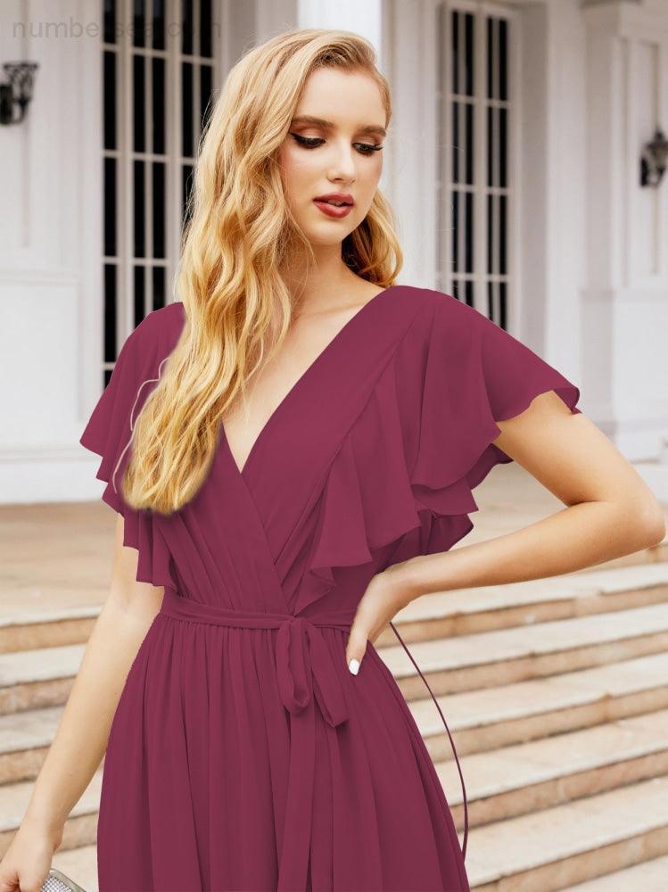 Abiti da sera formali da donna Numbersea con schiena scoperta, scollo a V, lunghi in chiffon, abiti da damigella con cintura in vita 28038