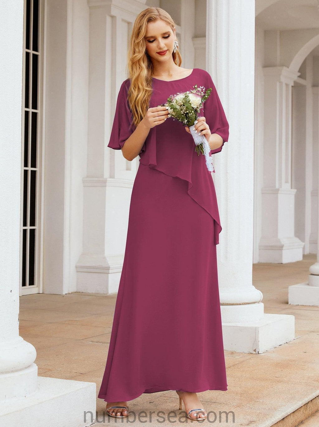 Numbersea Festliches Abendkleid Lang Mutter der Braut Kleid mit Rüschencape 28026